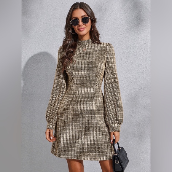 Dresses & Skirts - Women's Lantern Sleeve Plaid Tweed Dress